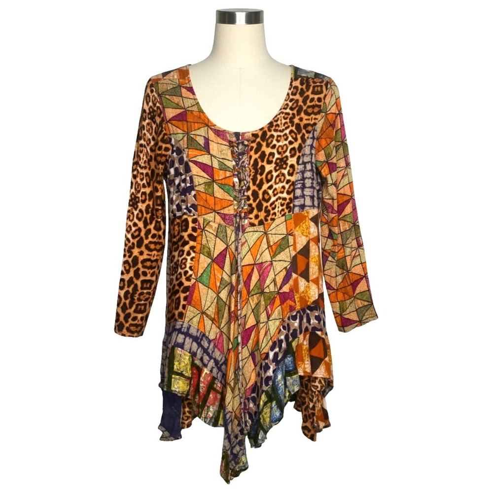 Sacred Threads Tunic Top Women Small/Med Patchwork artistic Tie Back Boho Fairy‎